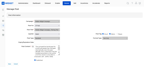 Post scheduling management form showing campaign, post type, format type, expiry date, and post content fields