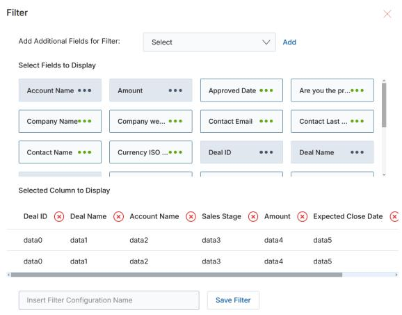 Create View / Filter modal showing Add Additional Fields dropdown, Select Fields to Display with Green Dot controls, Selected Columns preview table, and Save Filter button