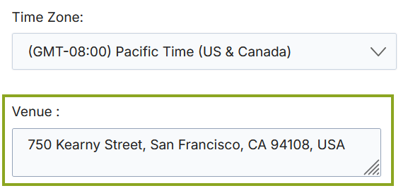 Venue field and Time Zone dropdown for in-person Event type