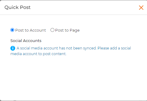 Quick Post modal — Post to Account / Post to Page options, with Social Accounts error notice