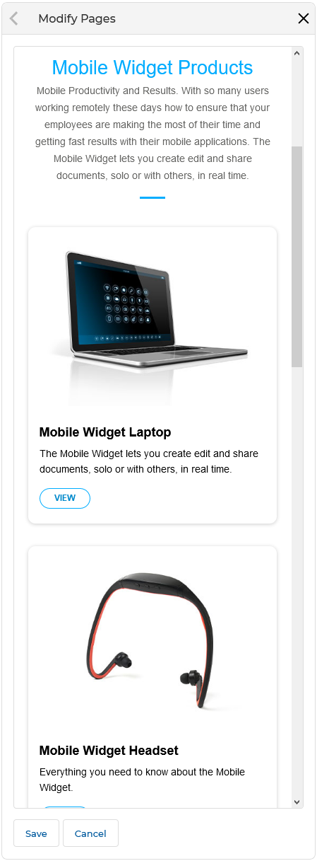 Modify Pages editor panel open showing Mobile Widget Products page with product cards for Mobile Widget Laptop and Mobile Widget Headset, with Save and Cancel buttons
