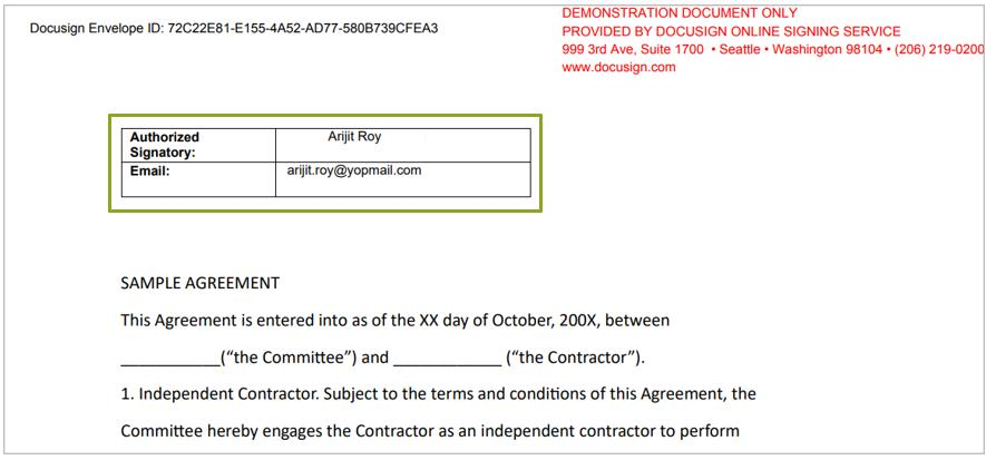DocuSign-signed contract preview — hashtags replaced with actual partner name (Arijit Roy) and email address