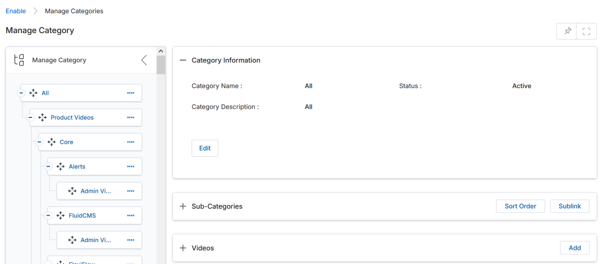 Manage Category — Category Information, Sub-Categories, and Videos sections