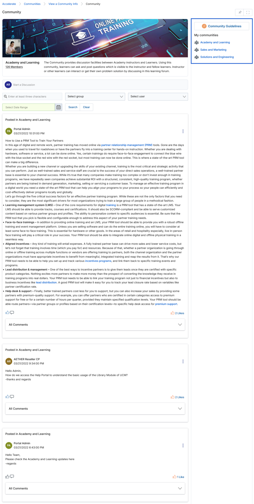 Community page showing the banner, member count, post feed, and My Communities panel on the right