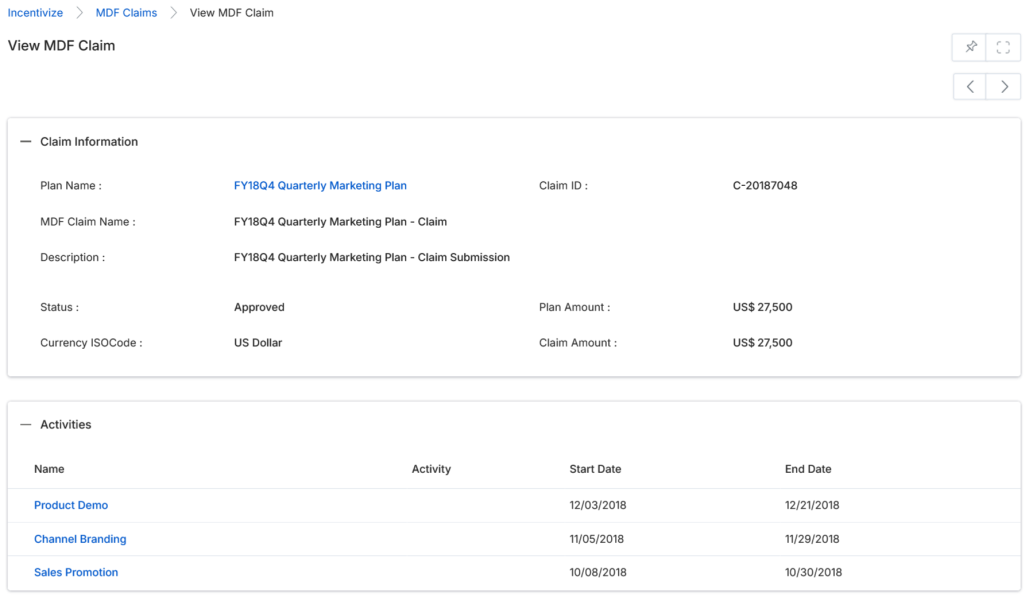 View MDF Claim detail page showing Claim Information, Activities list, and Approval History