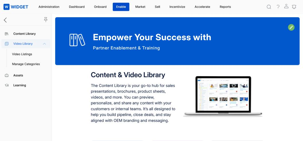 Enable zone — Video Library navigation showing Video Listings and Manage Categories
