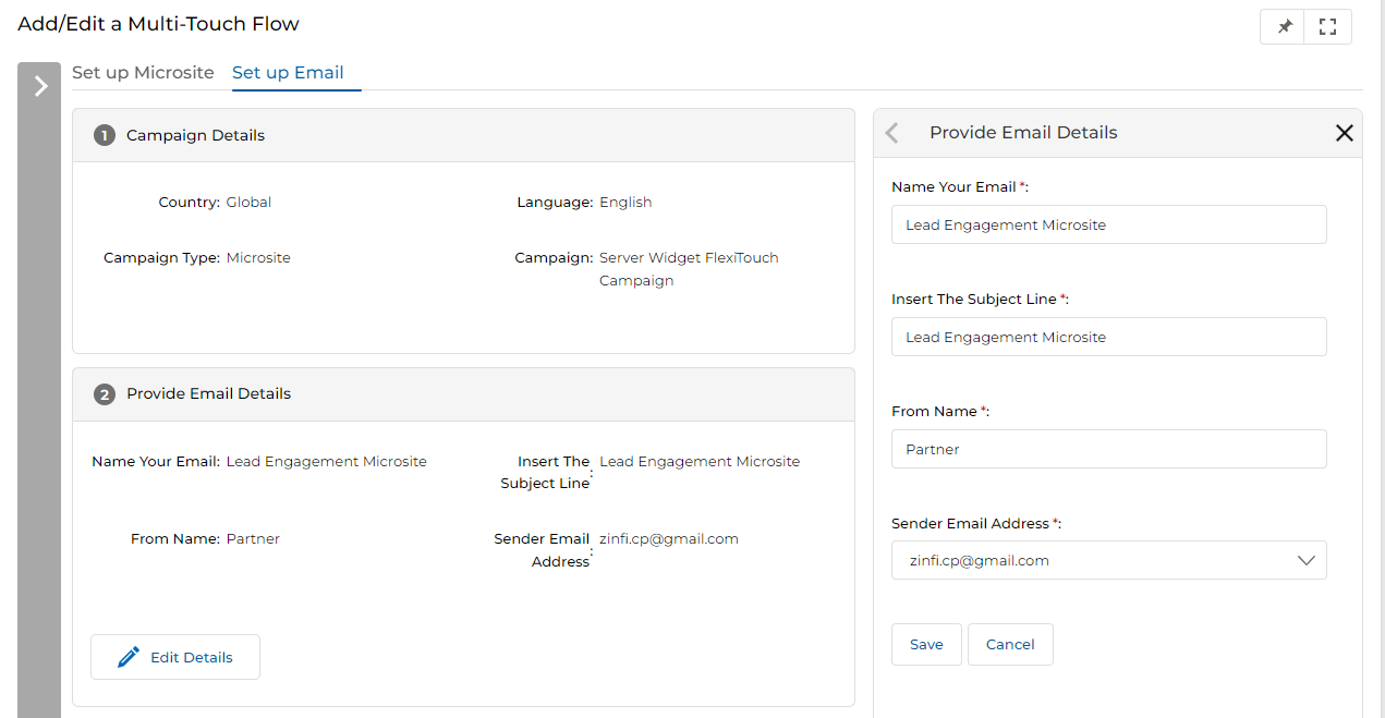 Add/Edit a Multi-Touch Flow page with Provide Email Details panel open showing Name Your Email as Lead Engagement Microsite, Subject Line, From Name as Partner, and Sender Email Address fields
