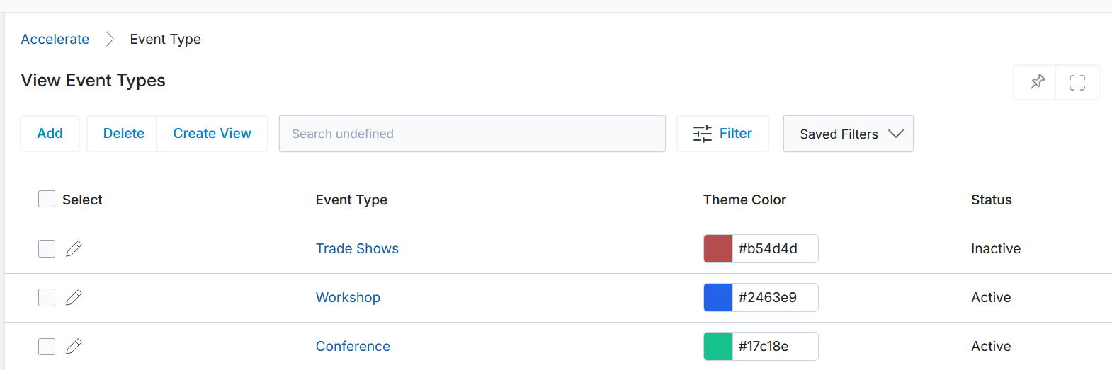 View Event Types list showing Trade Shows (inactive), Workshop, and Conference with their hex color codes and statuses