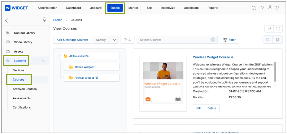 View Courses page showing the Add and Manage Courses button, Sort By controls, Filter button, Grid and List view icons, course category tree on the left, and a course card for Wireless Widget Course 4 on the right