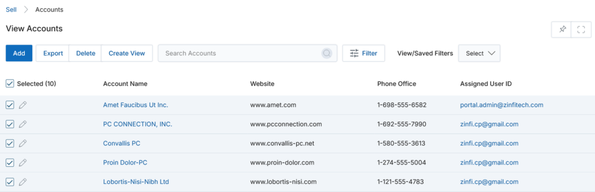 Export Accounts — Selected Records mode with field selection