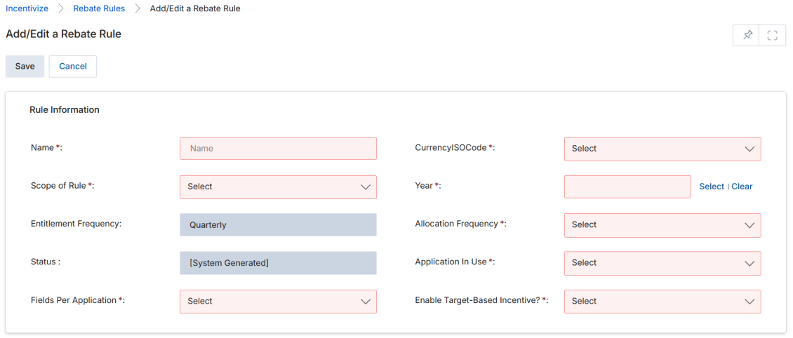 Add/Edit a Rebate Rule form with fields for Name, Currency ISO Code, Scope of Rule, Year, Entitlement Frequency (Quarterly shown), Allocation Frequency, Status (System Generated), Application In Use, Fields Per Application, and Enable Target-Based Incentive