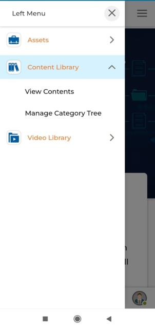 Content Library sub-menu and View Contents tile view showing content items with thumbnails