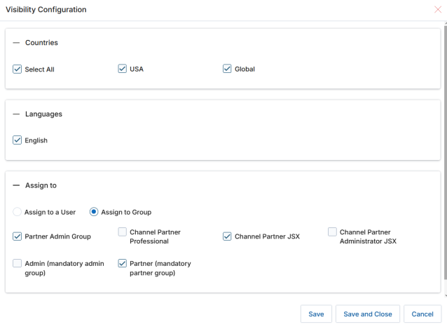 Visibility Configuration popup with Countries checkboxes (Select All, USA, Global), Languages checkboxes (English), and Assign To section with Assign to a User / Assign to Group radio buttons and group checkboxes