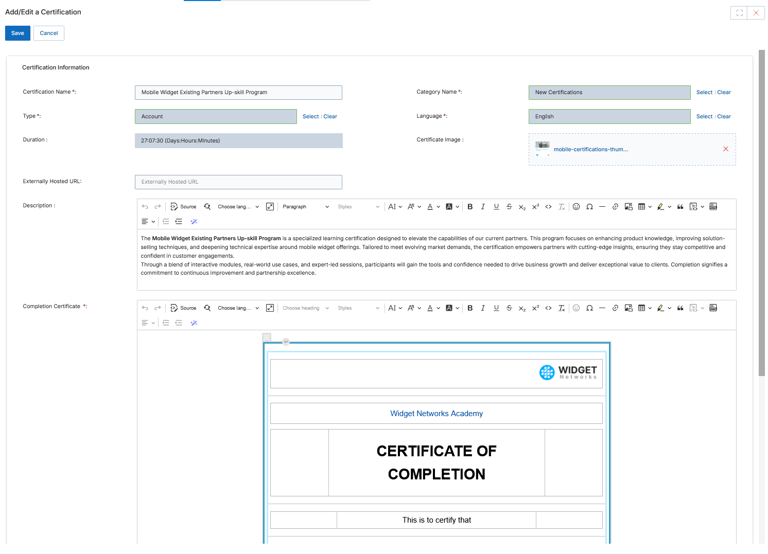 Add/Edit a Certification form showing Certification Name, Category Name, Type, Language, Duration, Certificate Image, Externally Hosted URL, Description rich text editor, and Completion Certificate template editor with a certificate preview