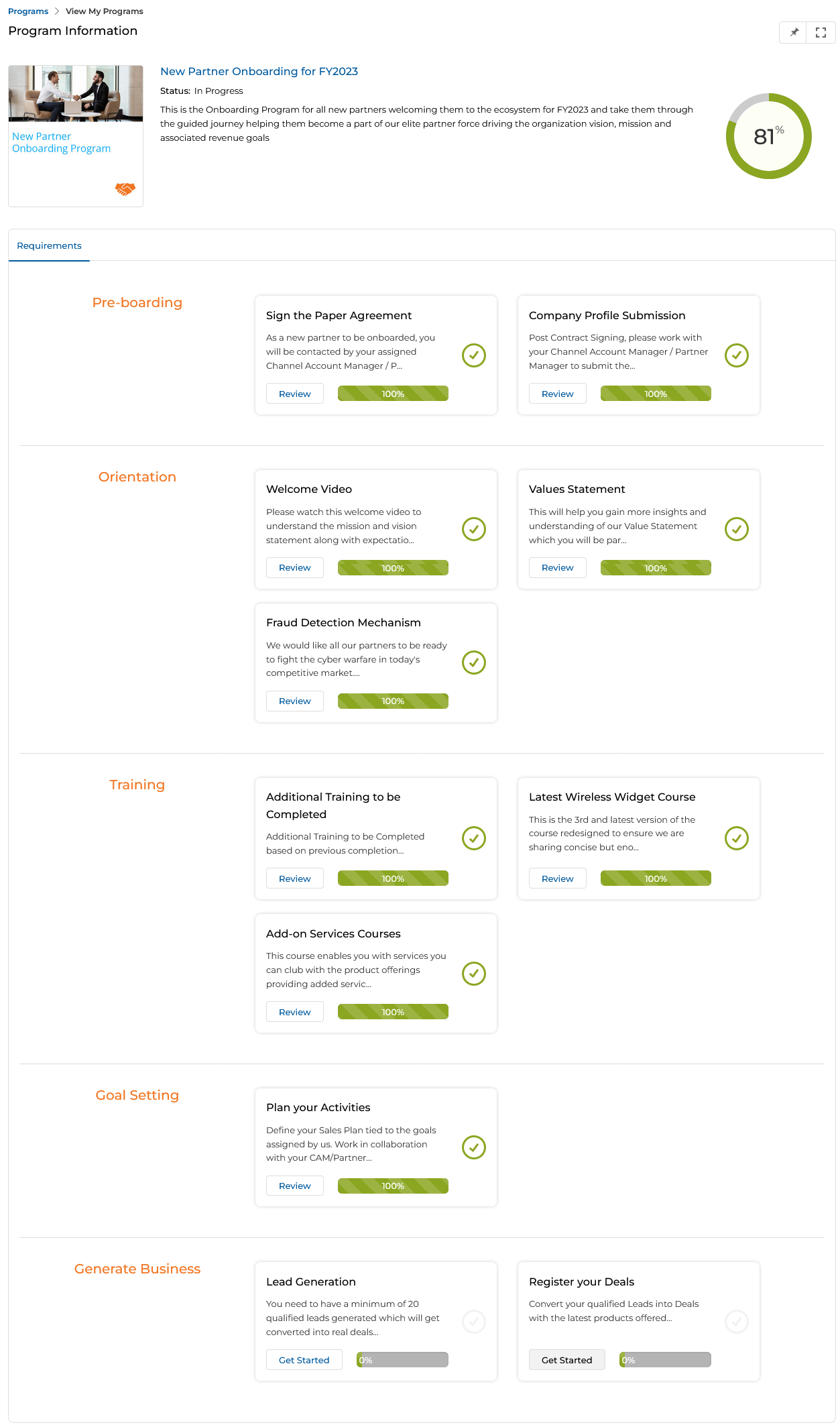 Program Information page — progress donut (81%), Program Levels in orange (Pre-boarding, Orientation, Training, Goal Setting, Generate Business), and Level Tasks with Review/Get Started buttons