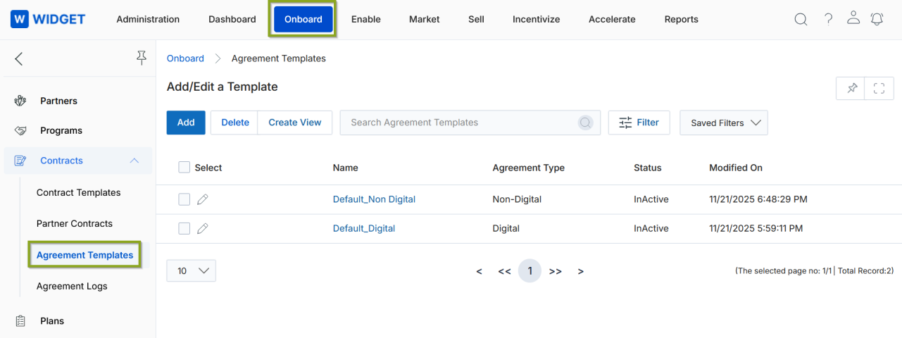 Add/Edit a Template — Template Name, Agreement Type, Status, Prompt Content rich-text editor