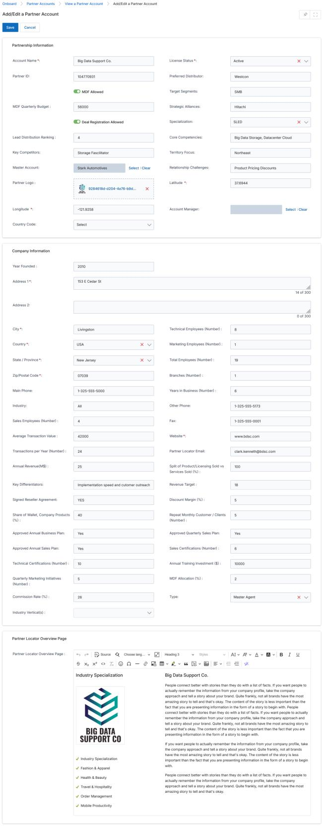 Add/Edit a Partner Account form showing Partnership Information fields including Account Name, License Status, Partner ID, MDF Allowed toggle, Territory Focus, Master Account selector, Partner Logo uploader, and Company Information section with detailed financial and operational fields