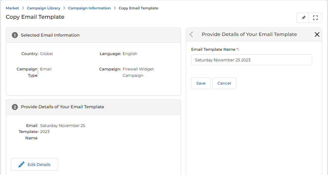 Customize Template section showing a selected Firewall Campaign email tile (with campaign thumbnail, campaign type icons) and Select Template and Customize Template buttons