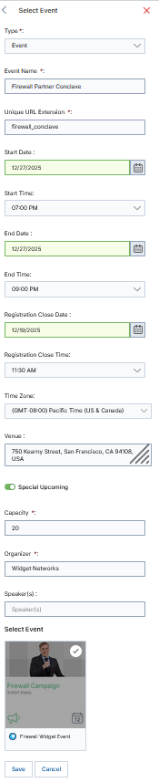 Edit Event slide-out panel — all editable fields including Type, Dates, Times, Venue, and Organizer