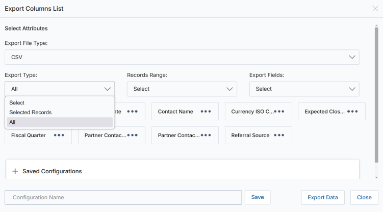 Export Columns List dialog — Export File Type CSV, Export Type (All / Selected Records), Records Range, Export Fields, available field tiles, Saved Configurations, Export Data button