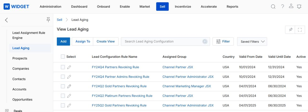View Lead Aging — listing of Lead Configuration Rules