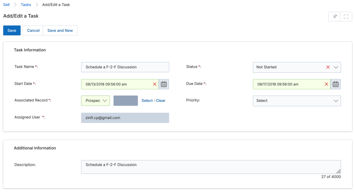 Add/Edit a Task form — Task Name, Status, Start Date, Due Date, Associated Record, Priority, Assigned User, and Description