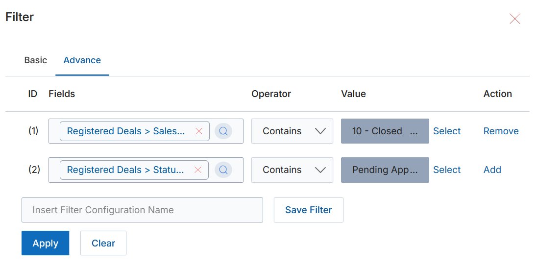 Filter panel — Advanced tab showing multi-field conditions (Sales Stage contains 