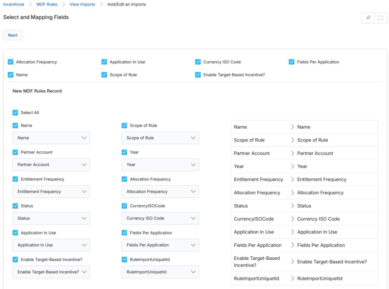 Select and Map Fields page showing checkboxes for Allocation Frequency, Application In Use, Currency ISO Code, Fields Per Application, Name, Scope of Rule, Enable Target-Based Incentive with dropdown mappings