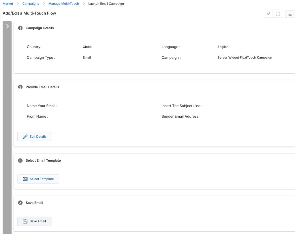 Add/Edit a Multi-Touch Flow page showing Launch Email Campaign sub-wizard with Campaign Details, Provide Email Details, Select Email Template and Save Email steps