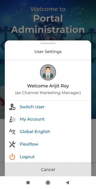 UPM mobile Avatar User Settings panel showing Switch User, My Account, Global-English, Flexiflow, Logout options