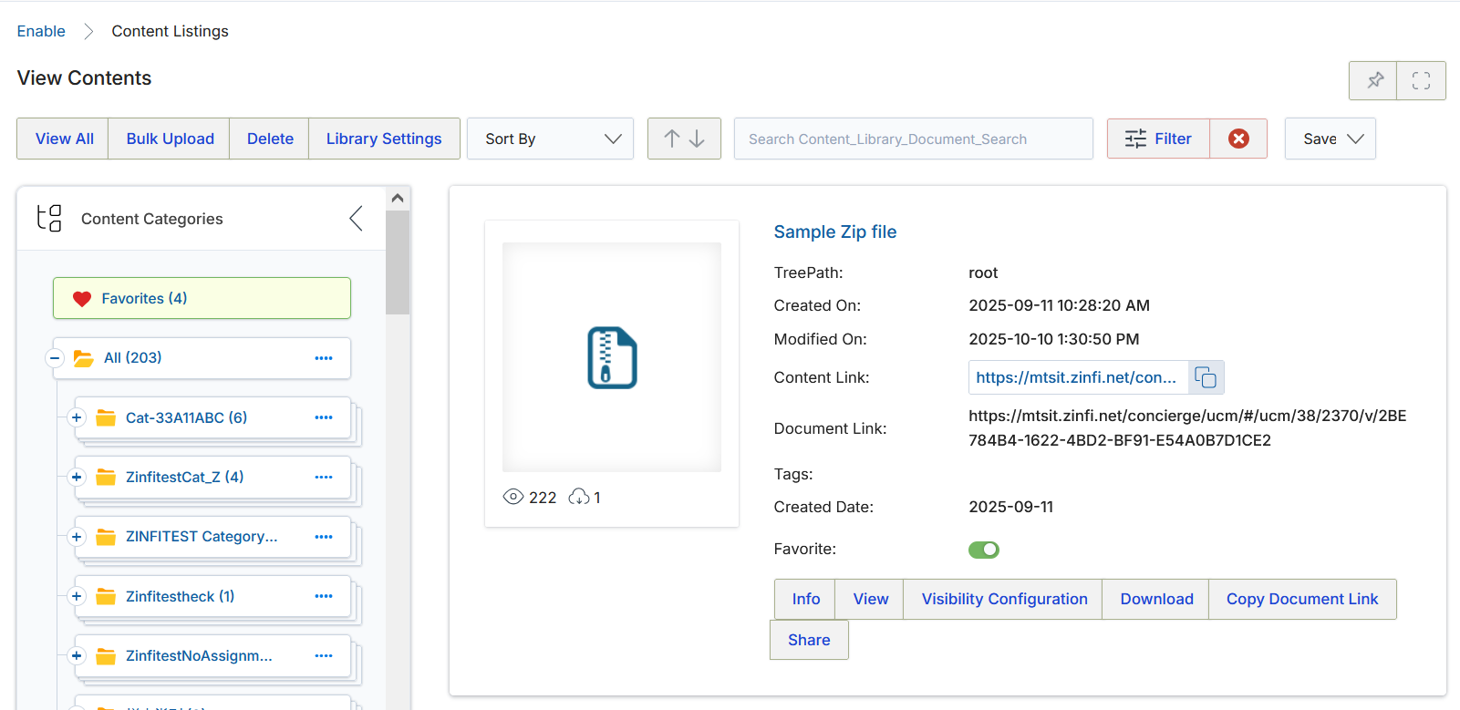 View Bulk Uploads list showing Name and Status columns with ZinfiTest, Zinfi_TestEvent, and Zinfi_Test entries all showing Complete