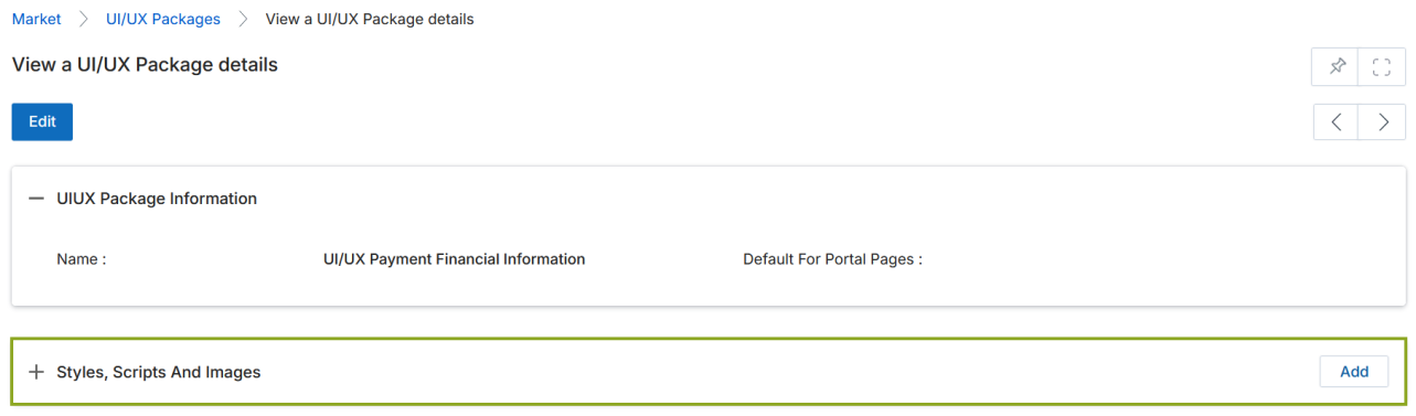Add/Edit a UI/UX Package page showing Name field (UI/UX Payment Financial Information) and Default For Portal Pages toggle