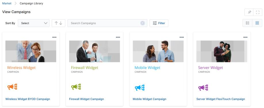 View Campaigns page in Thumb View showing four campaign cards: Wireless Widget, Firewall Widget, Mobile Widget, and Server Widget with campaign name labels beneath