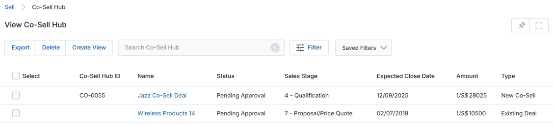 View Co-Sell Hub — listing with Co-Sell Hub ID, Name, Status, Sales Stage, Expected Close Date, Amount, Type columns; two rows: Jazz Co-Sell Deal (Pending Approval) and Wireless Products 14 (Pending Approval)