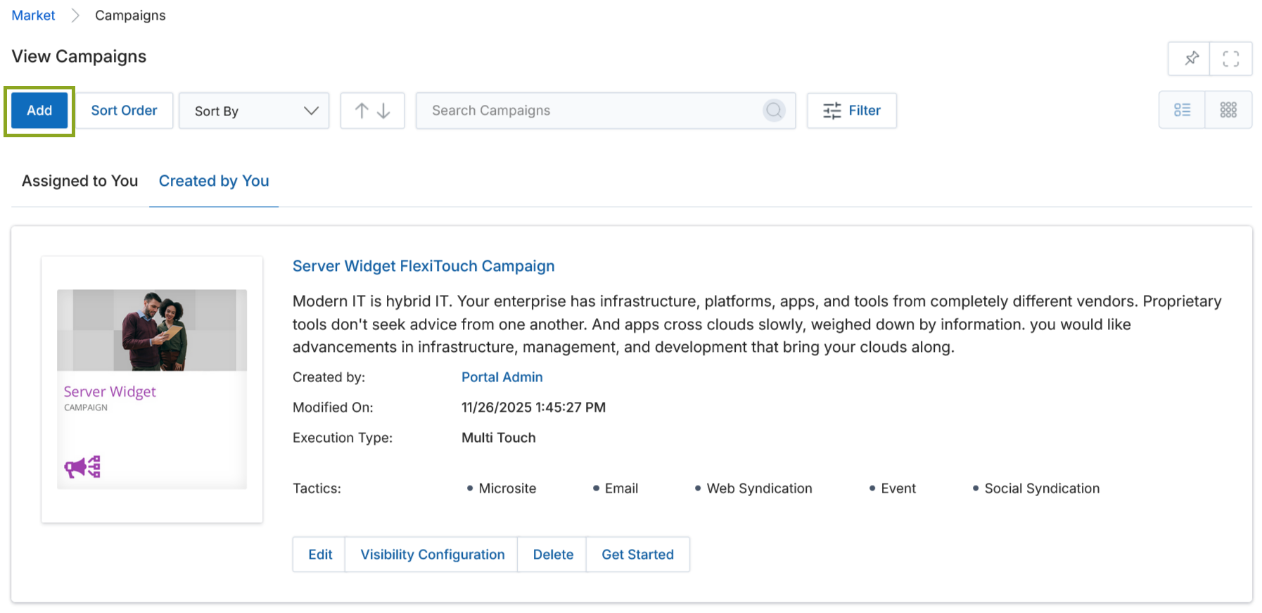 Market menu selected with Campaign Library sidebar showing Campaigns, UI/UX Packages, Emails, Social, Microsites and Events options
