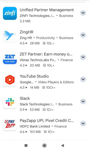 Play Store search results showing Unified Partner Management by ZINFI Technologies