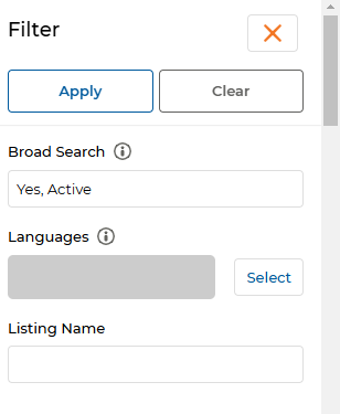 Filter pane showing Broad Search field filled with Yes Active, Languages selector, and Listing Name field with Apply and Clear buttons