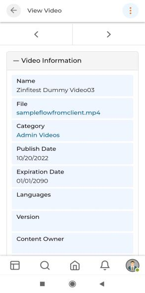View Video detail showing Name, File, Category, Publish Date, Expiration Date, Languages, Version, Content Owner