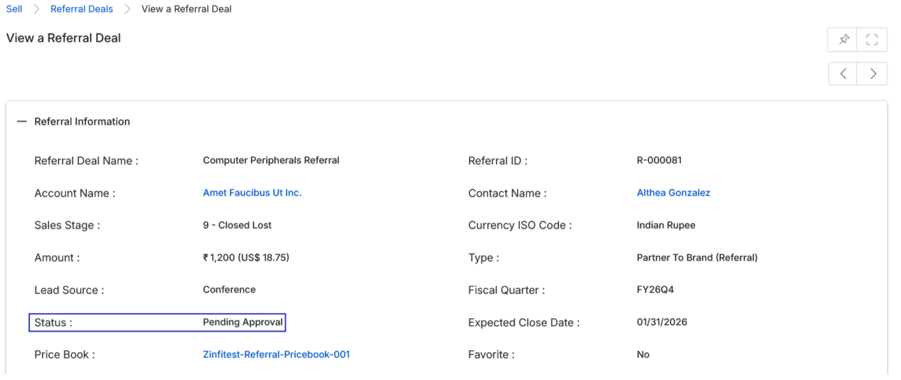 View a Referral Deal showing Status as 'Pending Approval'