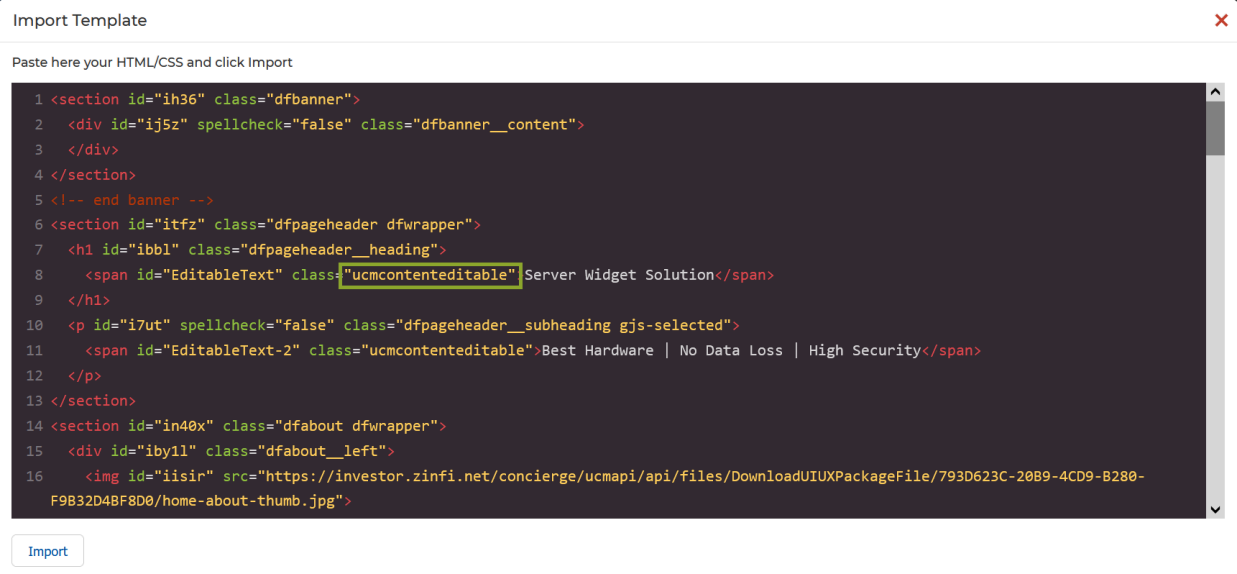HTML Editor (Import Template) — full template code showing ucmcontenteditable class on span elements for the heading and subheading