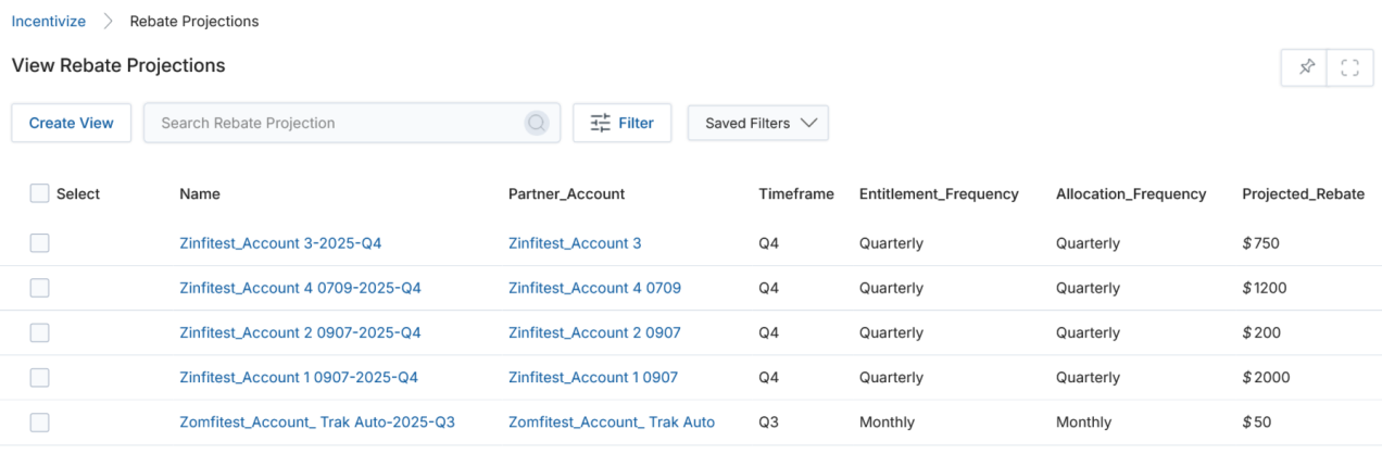View Rebate Projections list with multiple partner accounts showing Q4 quarterly projections ranging from $200 to $2000, and one monthly Trak Auto projection at $50