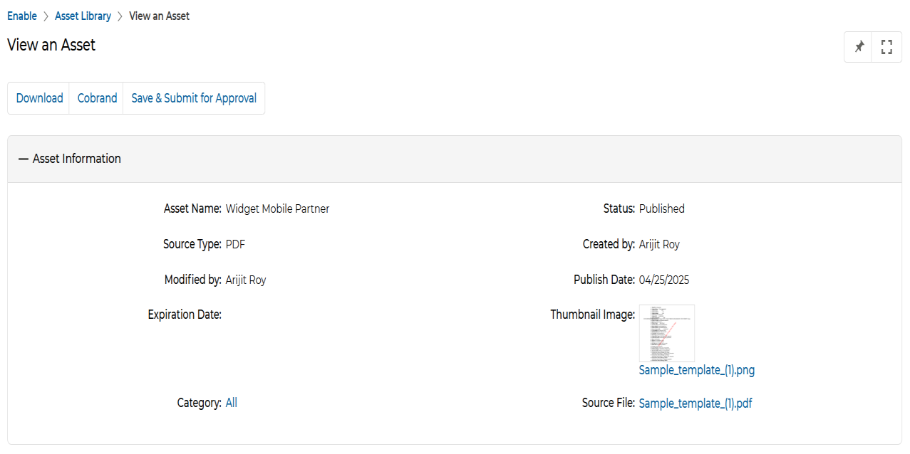 View an Asset details page showing Download, Cobrand, Save and Submit for Approval buttons and asset metadata fields