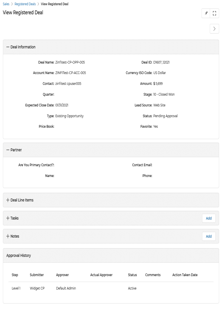 View Registered Deal detail page showing all sections: Deal Information, Partner, Deal Line Items, Tasks, Notes, and Approval History