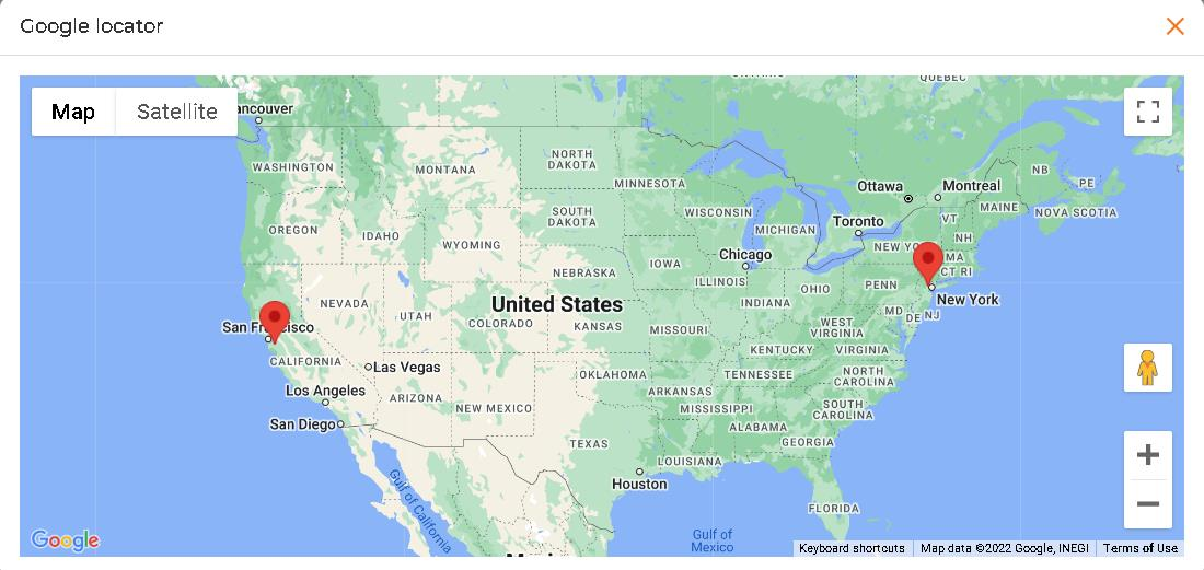 Google Locator popup showing a US map with two location pins indicating child Partner Account locations