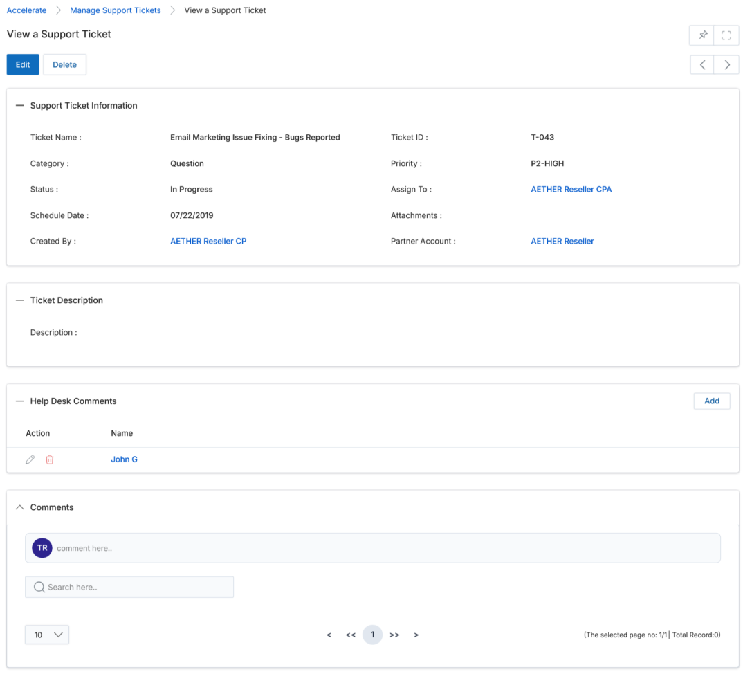 View a Support Ticket page showing breadcrumb Accelerate  alt=