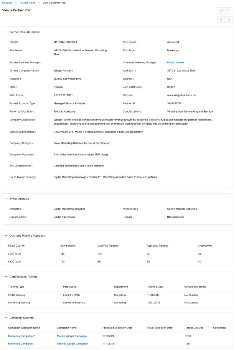 View a Partner Plan — full details showing Partner Plan Information, SWOT Analysis, Quarterly Pipeline Approach, Certifications Training, and Campaign Calendar sections