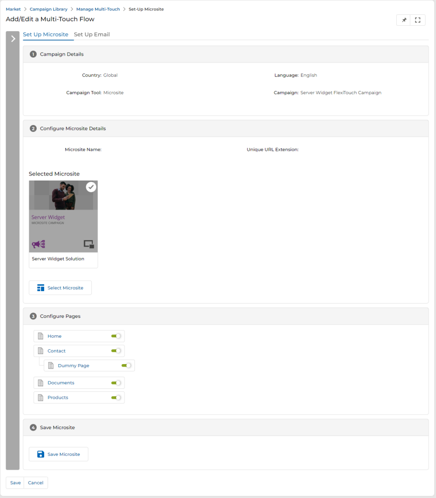 Add/Edit a Multi-Touch Flow page with Set Up Microsite tab active, showing Campaign Details section, Configure Microsite Details with Selected Microsite Server Widget Solution, Select Microsite button, Configure Pages section with toggles, and Save Microsite button