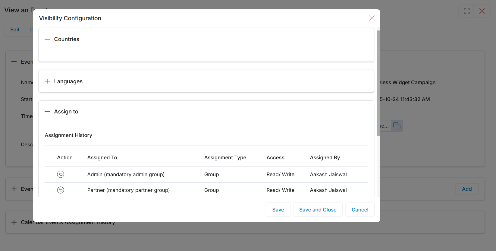 Visibility Configuration dialog showing Countries, Languages, and Assign To sections with pre-existing group assignments in the Assignment History table