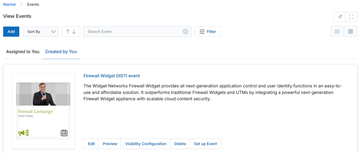 View Events — List View showing a sample event card with action buttons