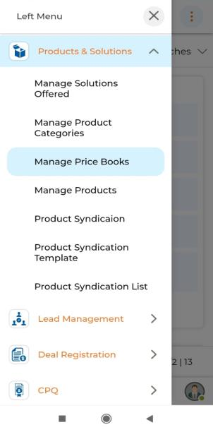 Products and Solutions sub-menu and View Price Books list showing Price Book Name, Active, Currency, Is Standard Price Book, Partner Category